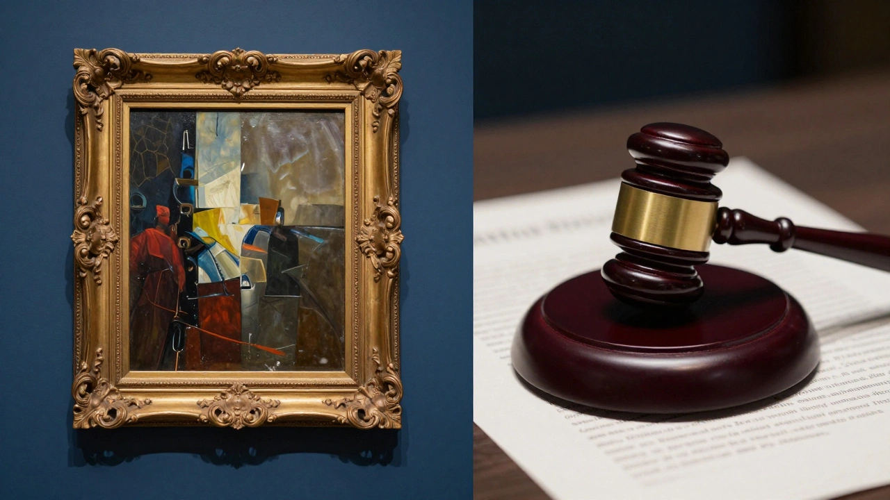 A judge's gavel next to a framed painting, representing legal disputes over art