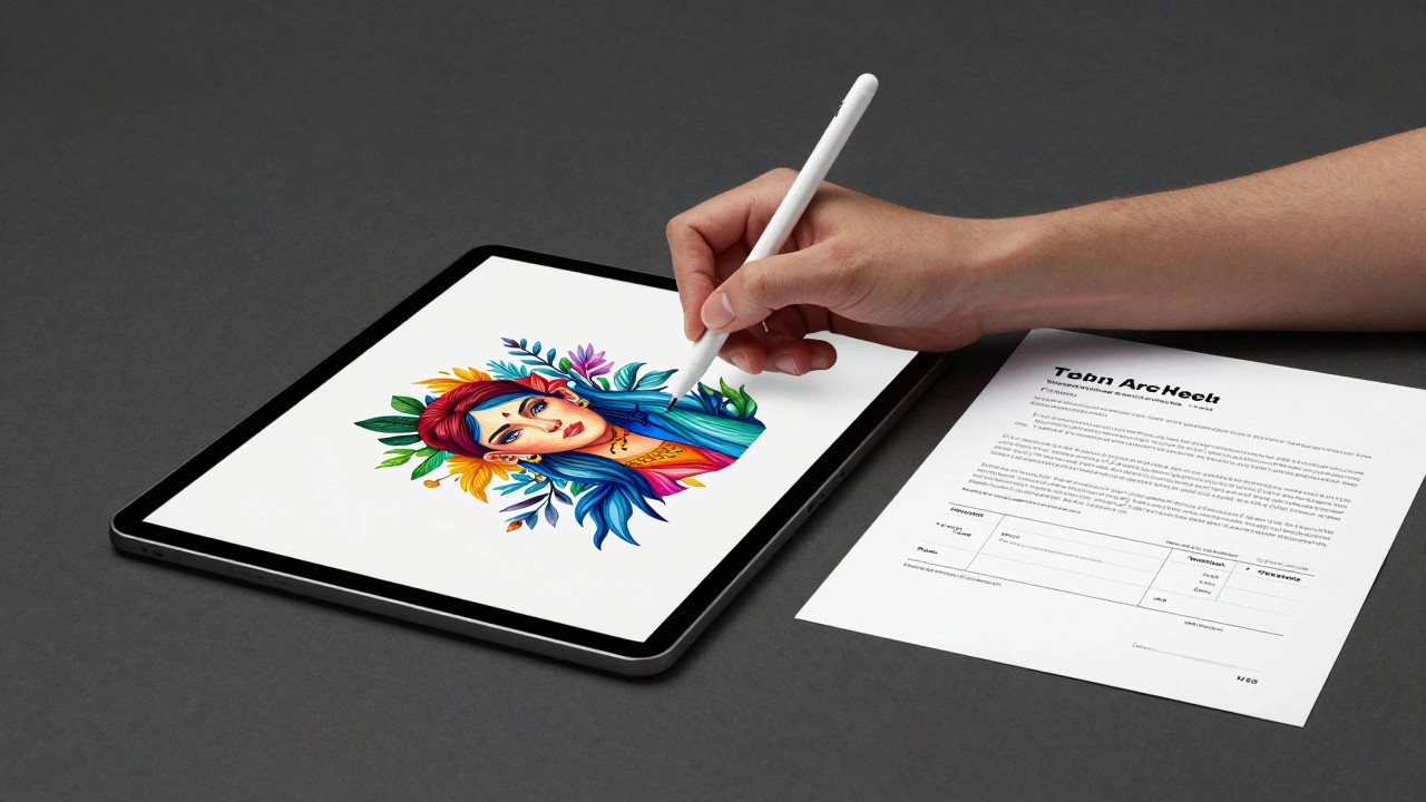 A professional artist's hand with a stylus next to a formal contract and invoice.
