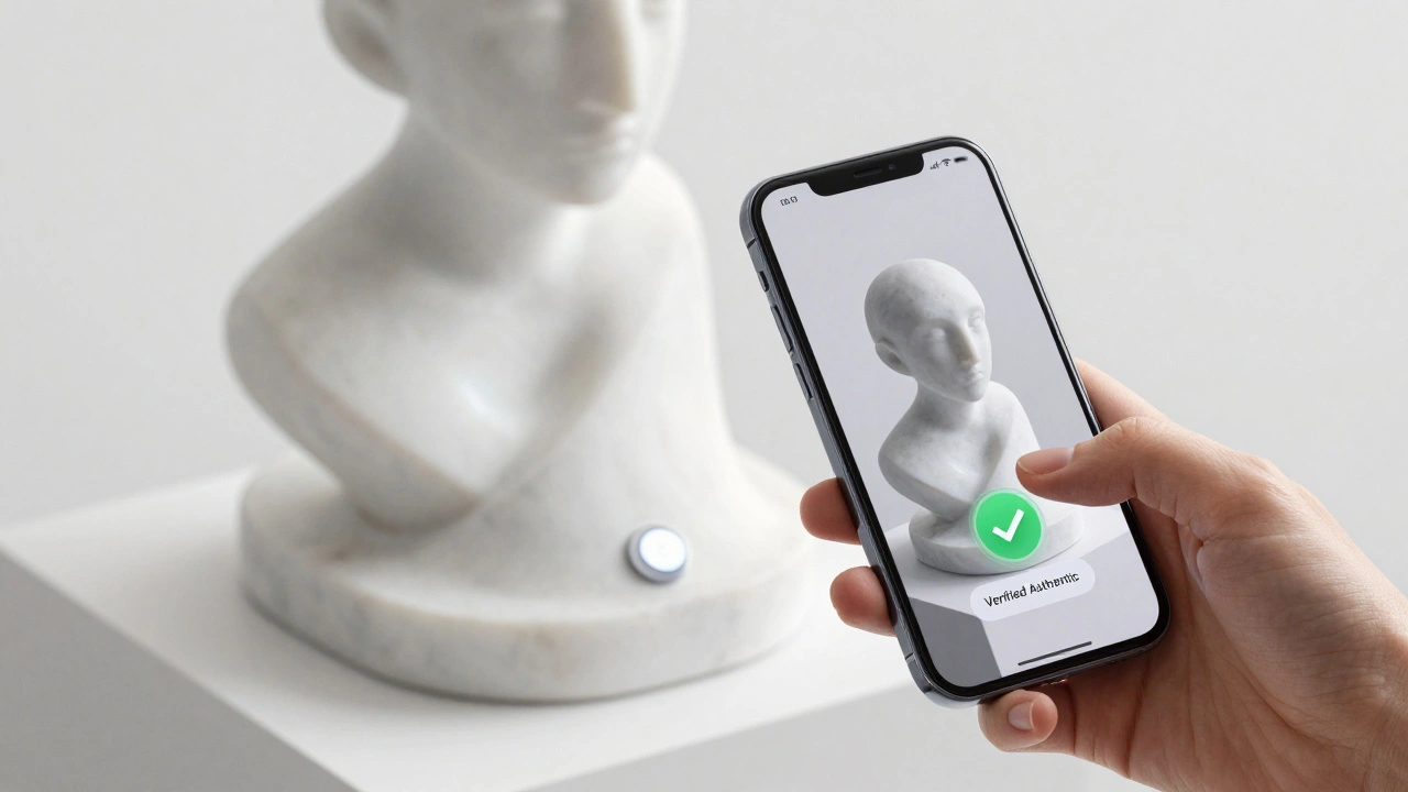 A smartphone scanning an NFC chip in a marble sculpture to verify its digital authenticity.