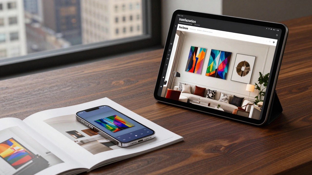 A tablet and smartphone displaying a digital art portfolio with installation photos on a wooden table.