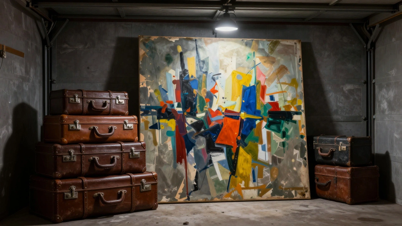 A vibrant abstract painting hidden behind vintage suitcases in a dark garage