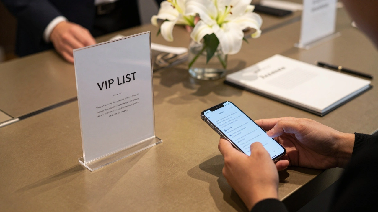 A VIP sign on a gallery desk with a person using a smartphone to opt-in.