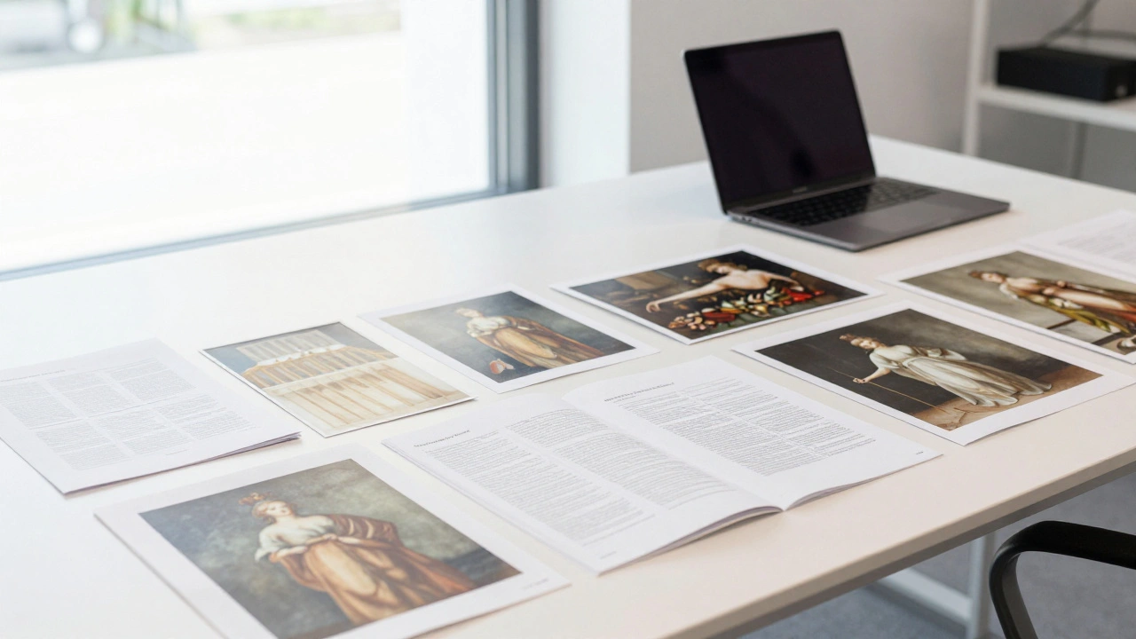 An art historian's desk with reference books and technical reports for authentication