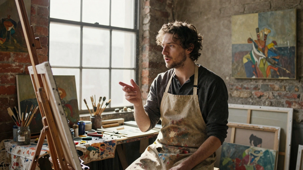 An artist wearing a lapel microphone talking in a cluttered, sunlit painting studio.