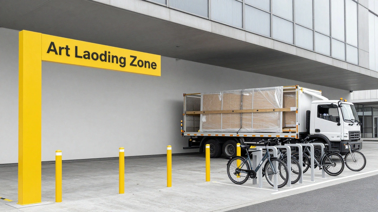 An organized art loading zone and modern bike racks outside a contemporary gallery.
