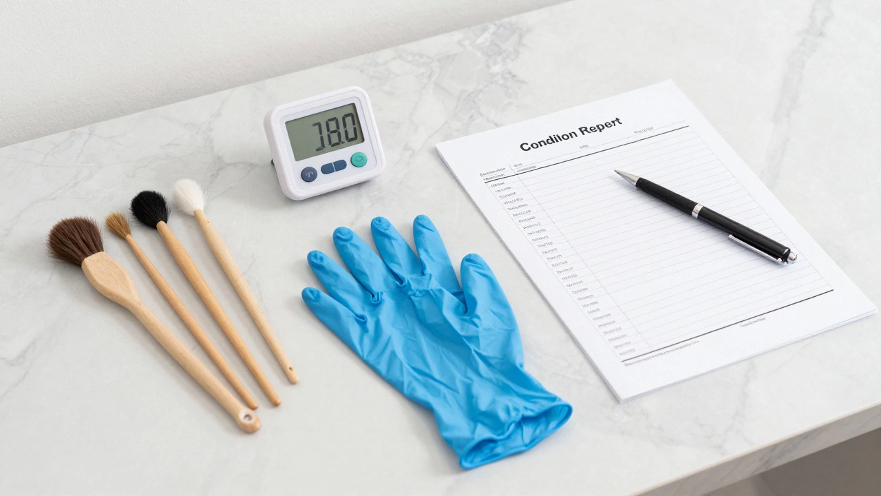Art care tools including nitrile gloves, dusting brushes, and a hygrometer.