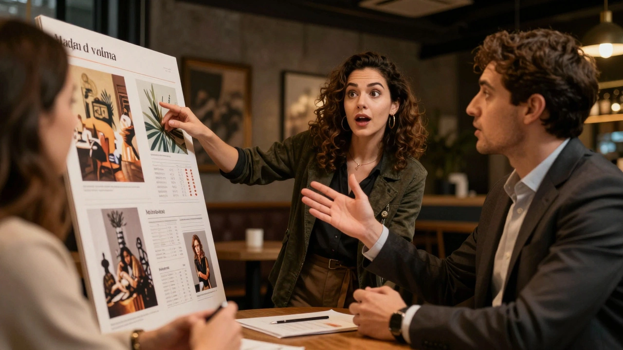 Art curator pitching a gallery vision to an investor in a cafe