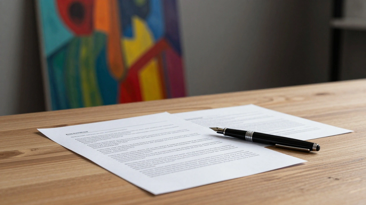 Business plan and financial documents on a desk with a painting in the background