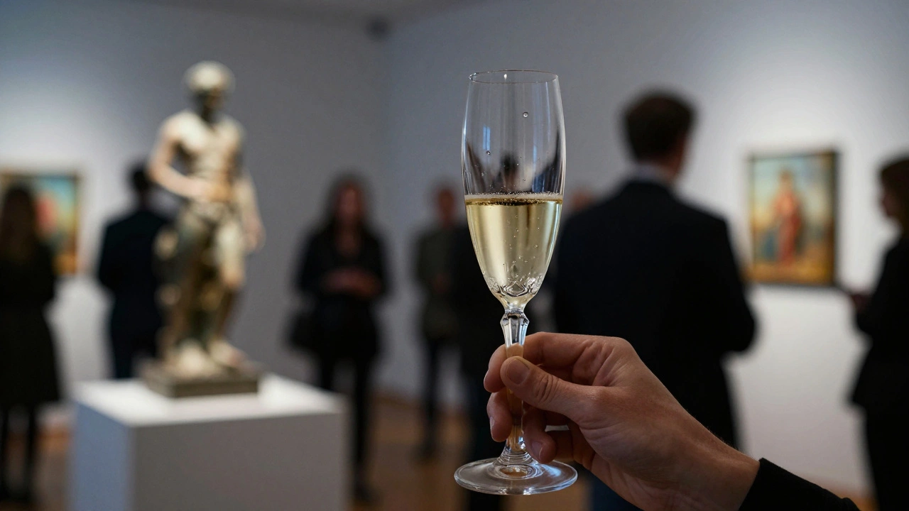 Close-up of a champagne glass at a sophisticated art gallery opening