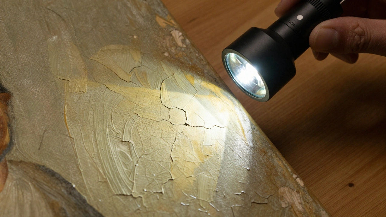 Close-up of a flashlight and loupe inspecting the texture and cracks of an old oil painting