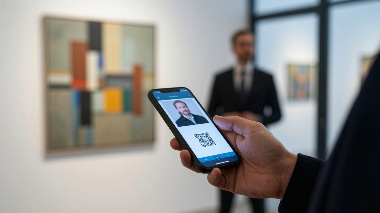 Close-up of a smartphone scanning a QR code ticket for entry into an art exhibition.