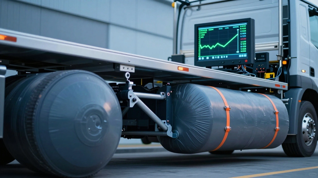 Close-up of a truck's air-ride suspension and a digital climate monitoring device.
