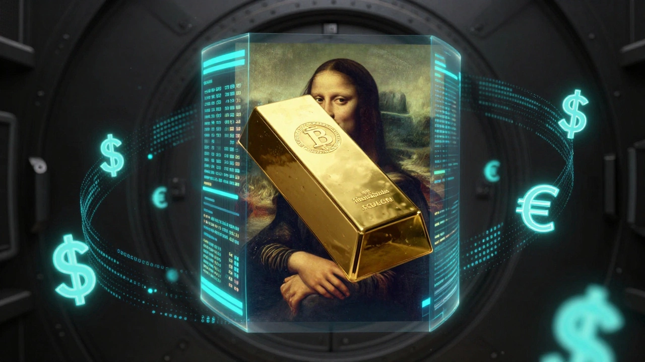 Conceptual image of a painting merged with gold bars and digital blockchain data.