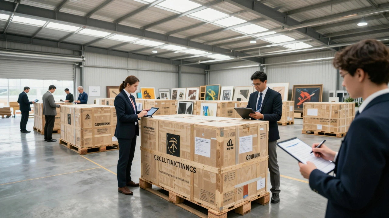 Customs brokers reviewing paperwork next to a large art crate in a bright bonded warehouse.