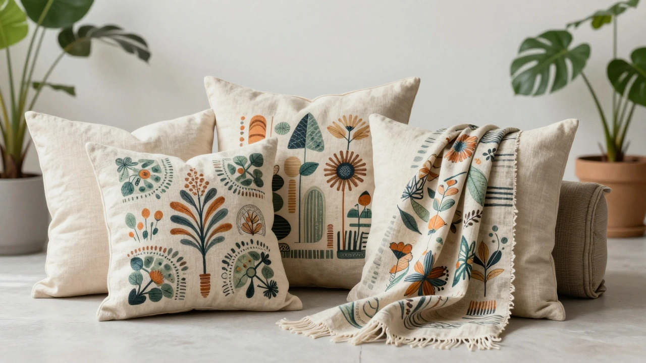 Eco-friendly home decor pillows and scarves featuring a coordinated artistic pattern in a bright room.