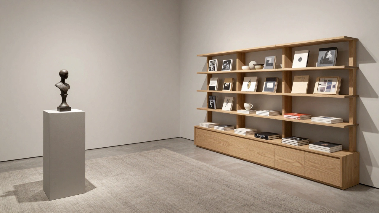 Gallery transition zone featuring a sculpture and a boutique retail area with oak shelving and a rug.