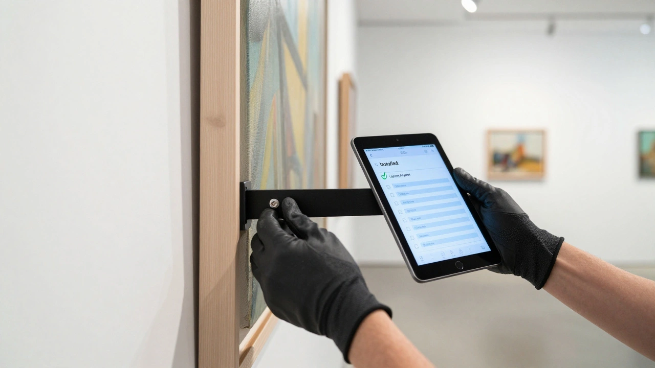 Gloved hands installing an artwork with a digital checklist nearby.