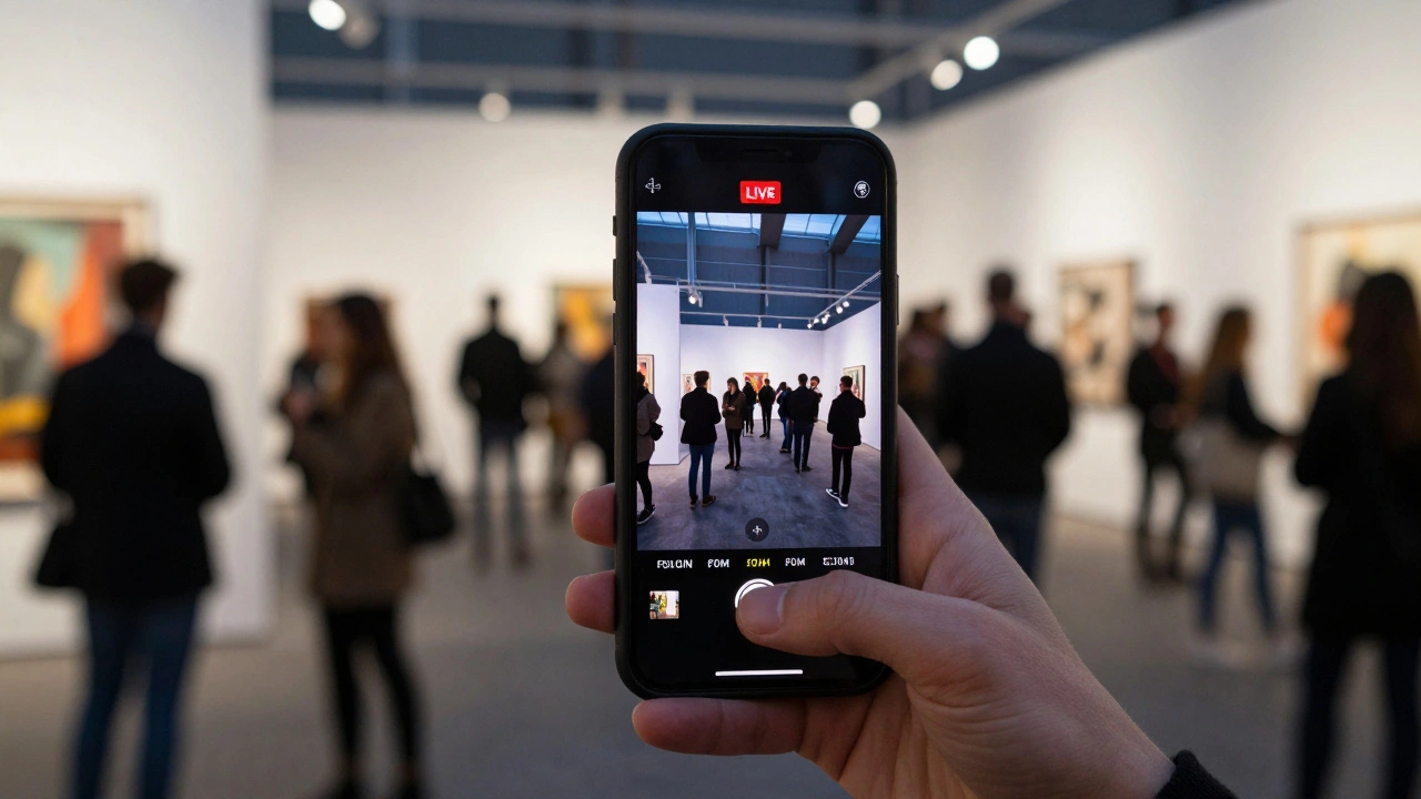 Hand holding a smartphone filming a live stream of an art gallery booth