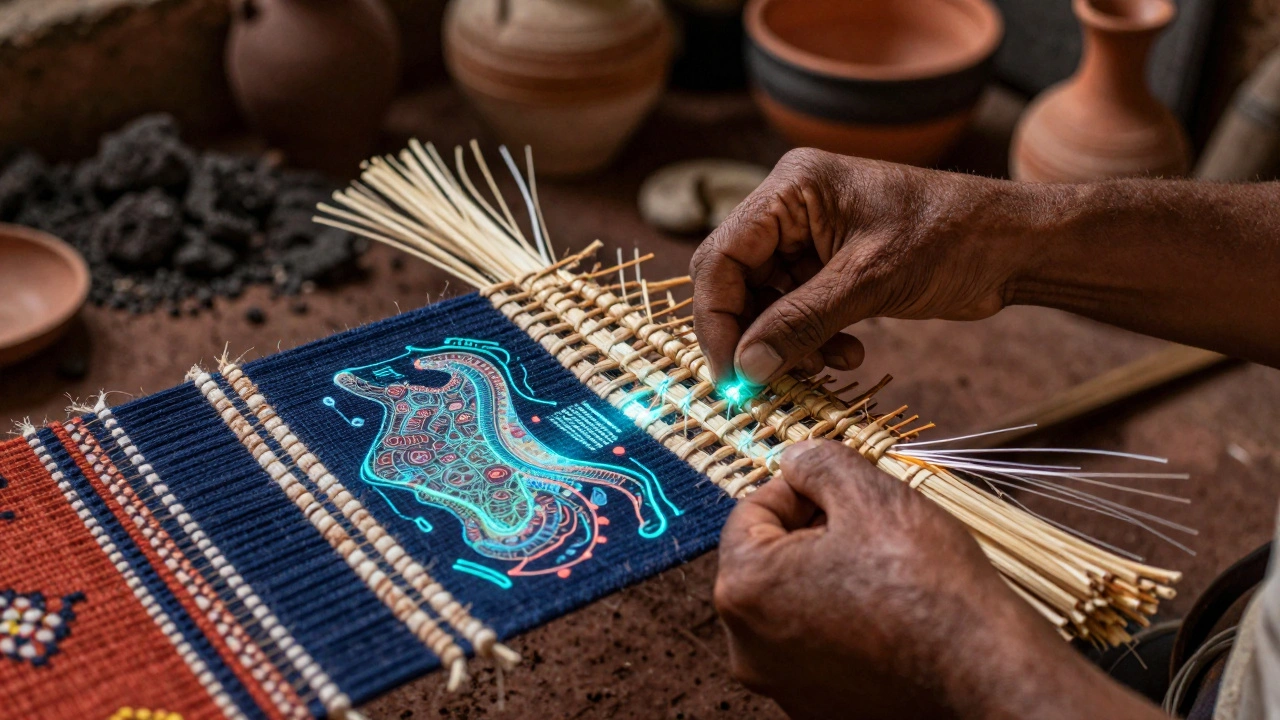 Hands weaving traditional fibers mixed with glowing digital fiber-optic cables.