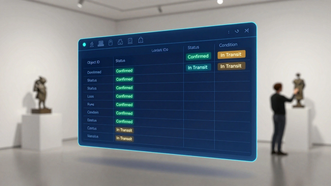 Holographic object tracking list floating in a minimalist museum gallery.