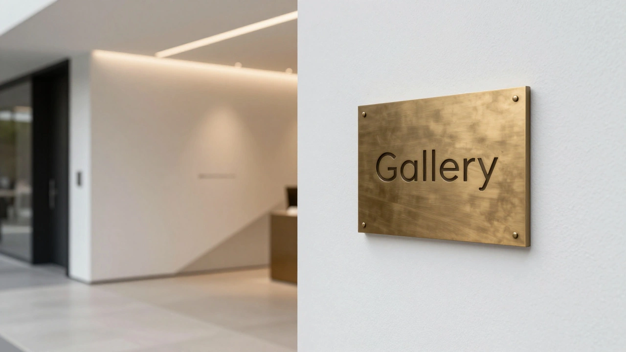 Inclusive gallery entrance with an integrated ramp and a minimalist brass logo on a white wall.