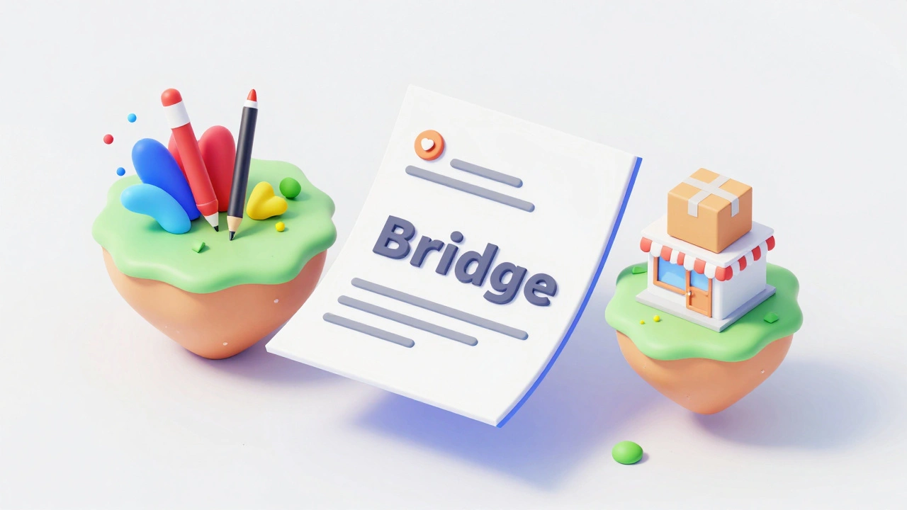 Isometric illustration of a document bridge connecting an artist and a small business owner.