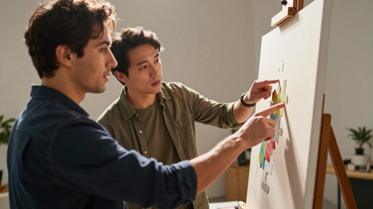 Manager and artist collaborating by pointing at a painting on an easel in a sunlit studio.