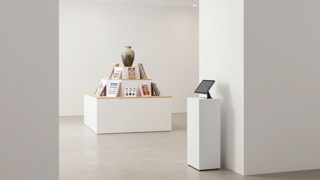 Minimalist gallery exit with a tablet-based POS system and a tiered product display.