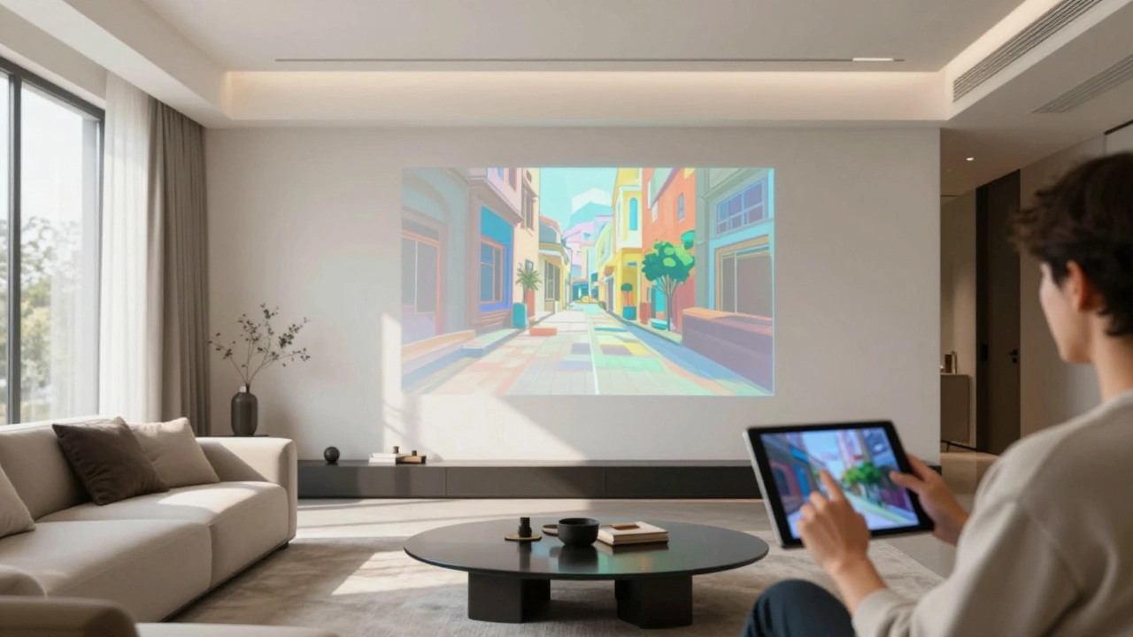 Person using a tablet to visualize a piece of art on a living room wall using augmented reality