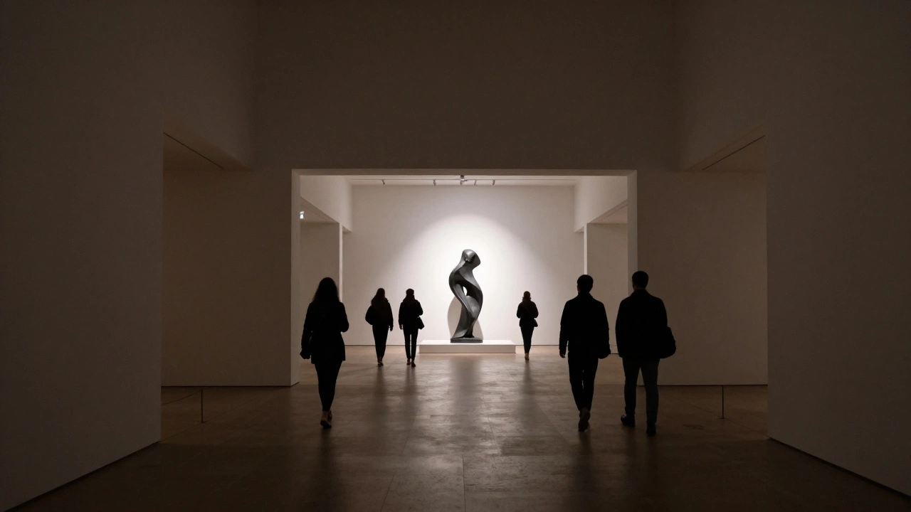 Spacious gallery lobby with a brightly lit sculpture acting as a focal point to guide visitors.