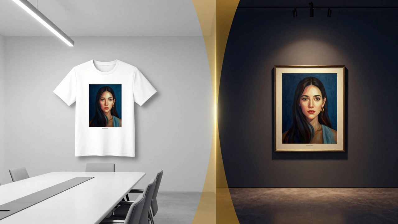 Split screen comparing a mass-produced t-shirt and an original painting in a gallery.