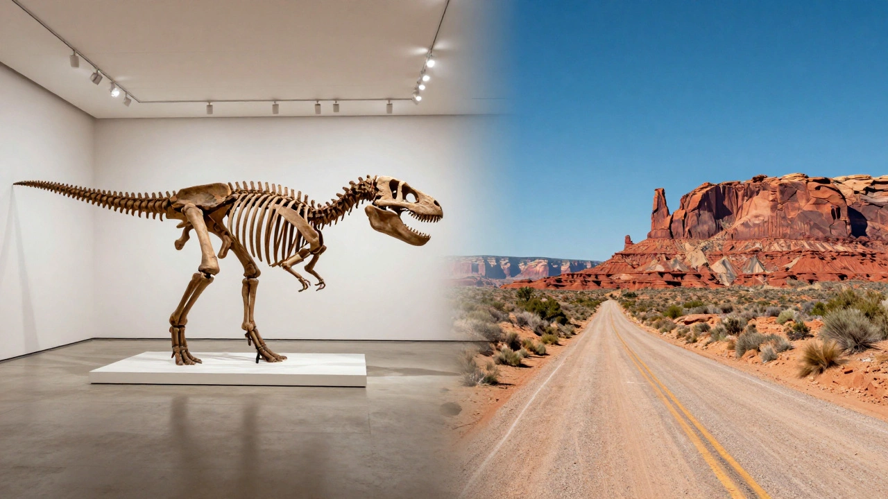 Split screen showing a dinosaur skeleton in a museum and a red rock desert landscape