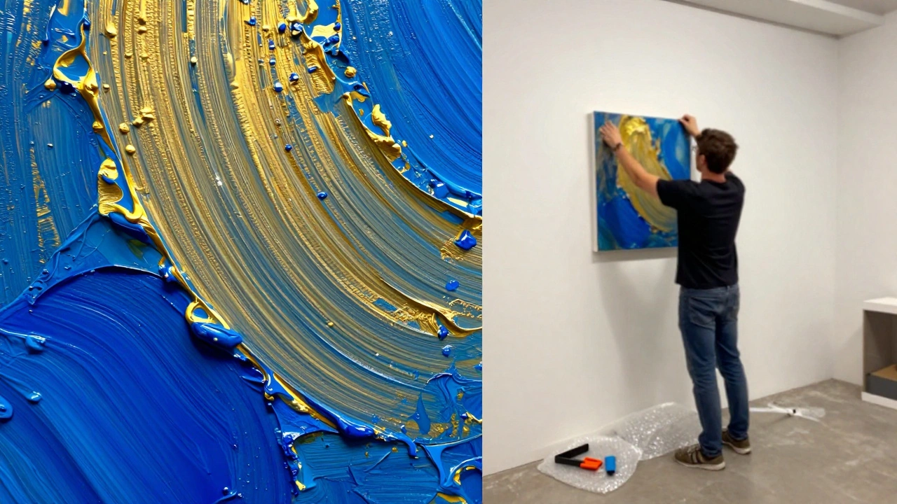 Split screen showing a macro detail of paint texture and a gallery being set up.