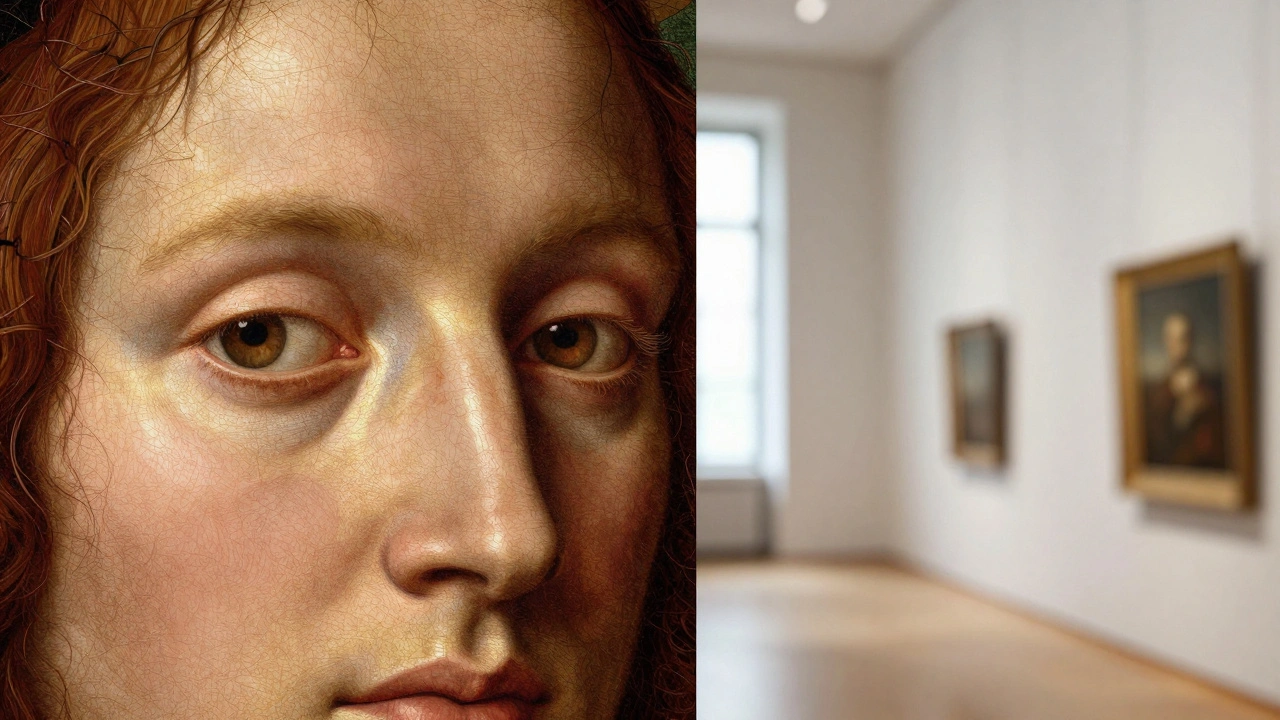 Split-screen view of a Renaissance painting's eyes and a minimalist museum gallery wall.