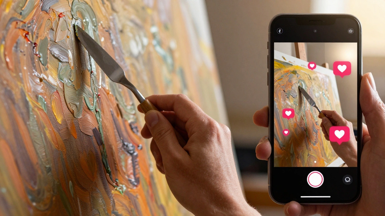 Split view of an artist painting a canvas and the process being shared on a short-form video app