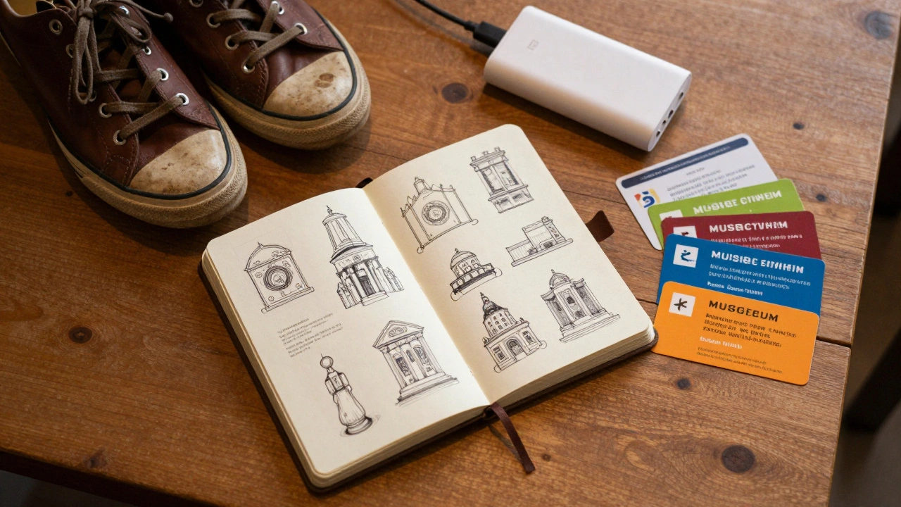 Travel gear on a table including a sketchbook, sneakers, and museum passes