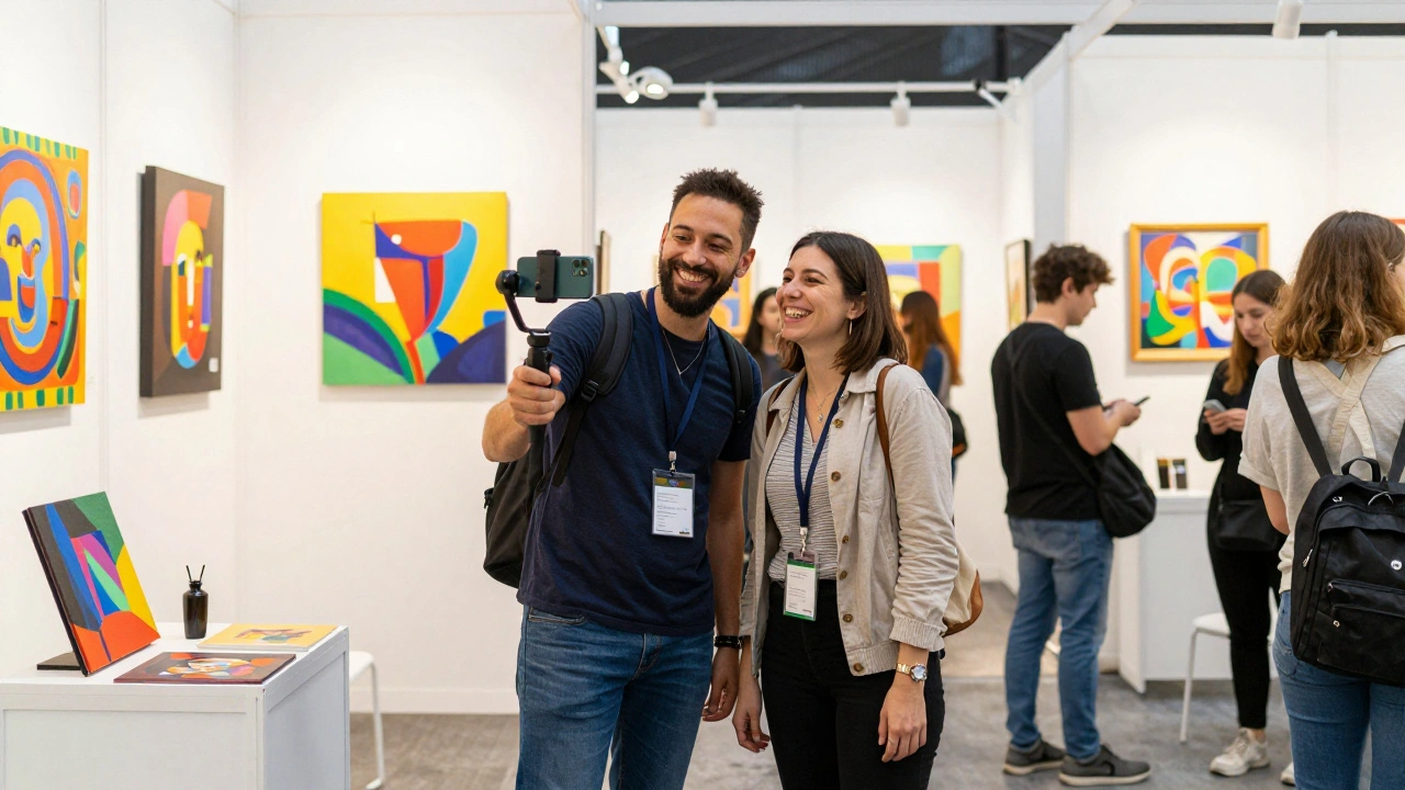Two artists collaborating and filming a video together at a busy art fair