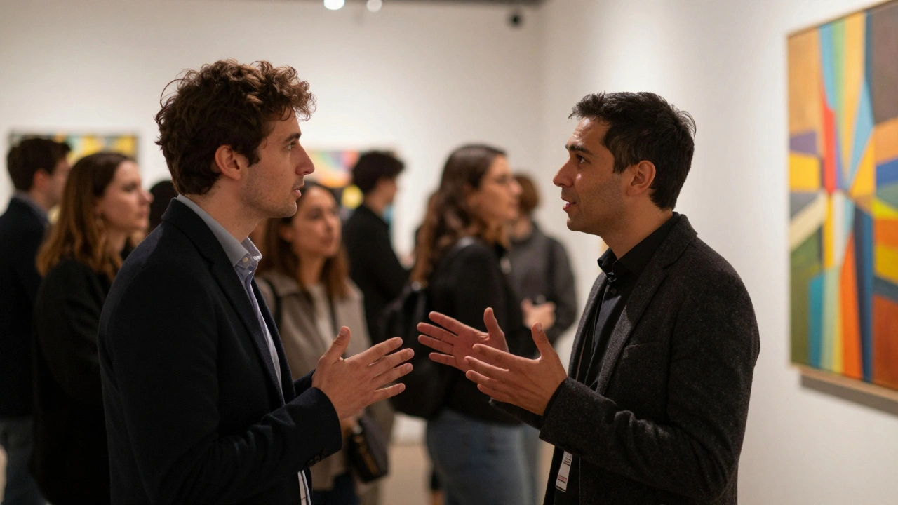 Two gallery guests discussing an abstract painting in a crowded exhibition