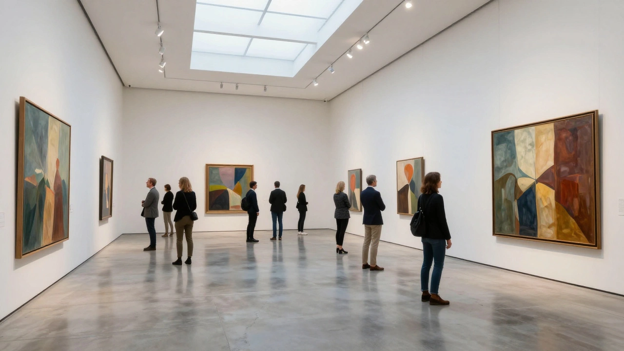 Visitors admiring original large-scale paintings in a modern, bright art museum.