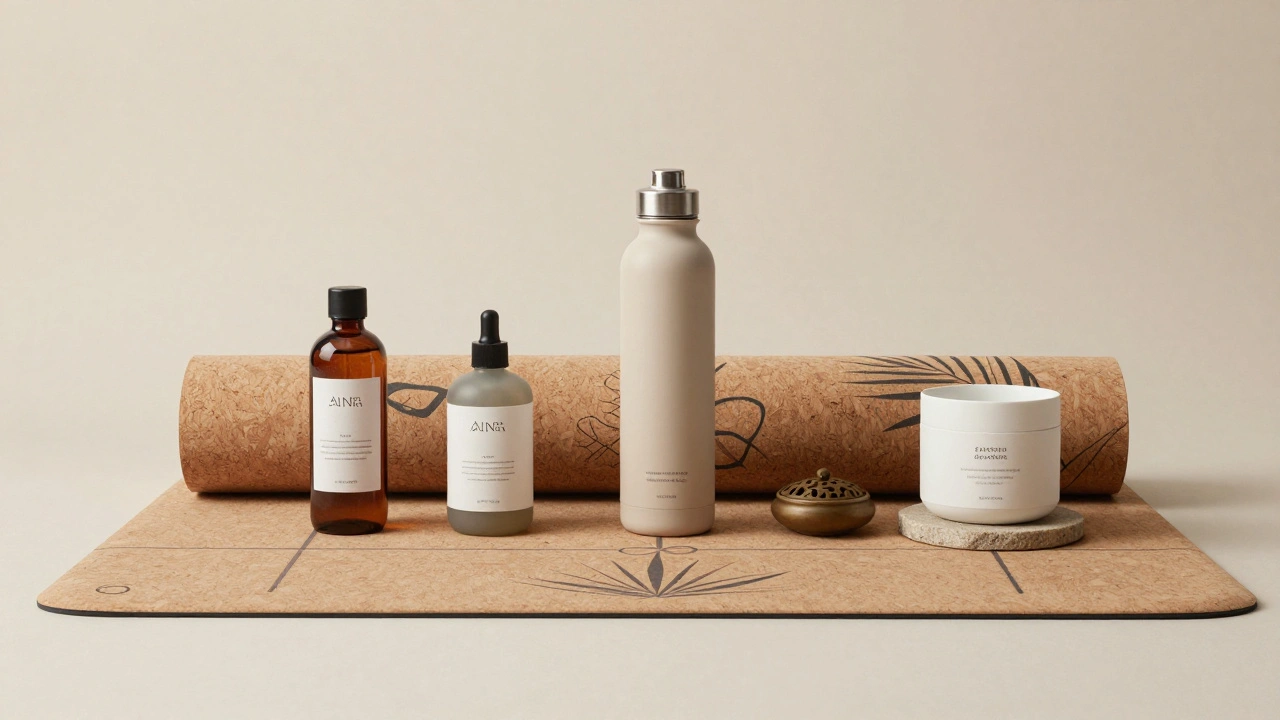 Zen-inspired yoga mat and accessories featuring minimalist nature patterns.