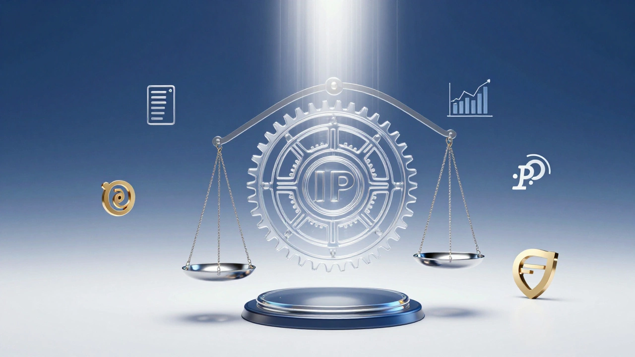 3D conceptual art showing an intellectual property asset being valued with scales and data.