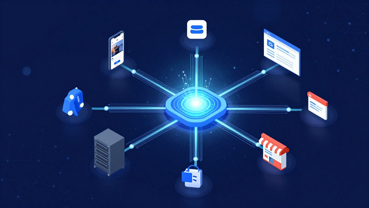 Abstract graphic of a central database connecting art sales channels via glowing lines