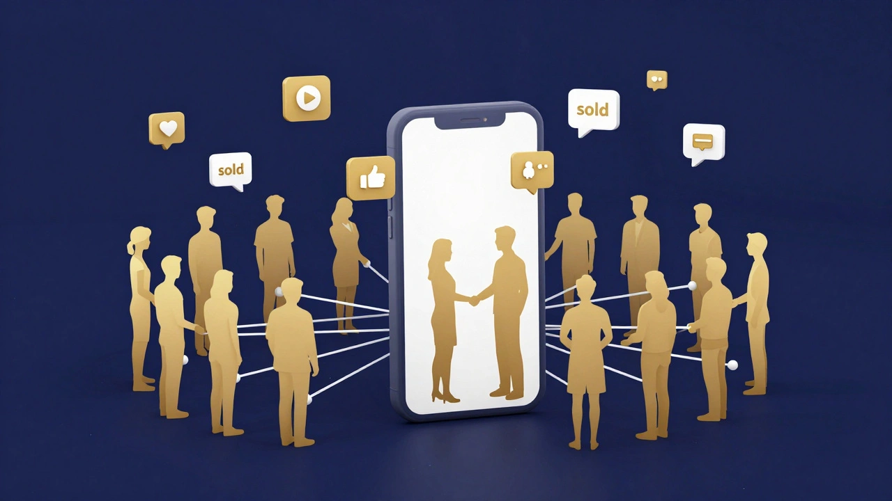 Abstract graphic showing connected users and engagement icons on a phone.