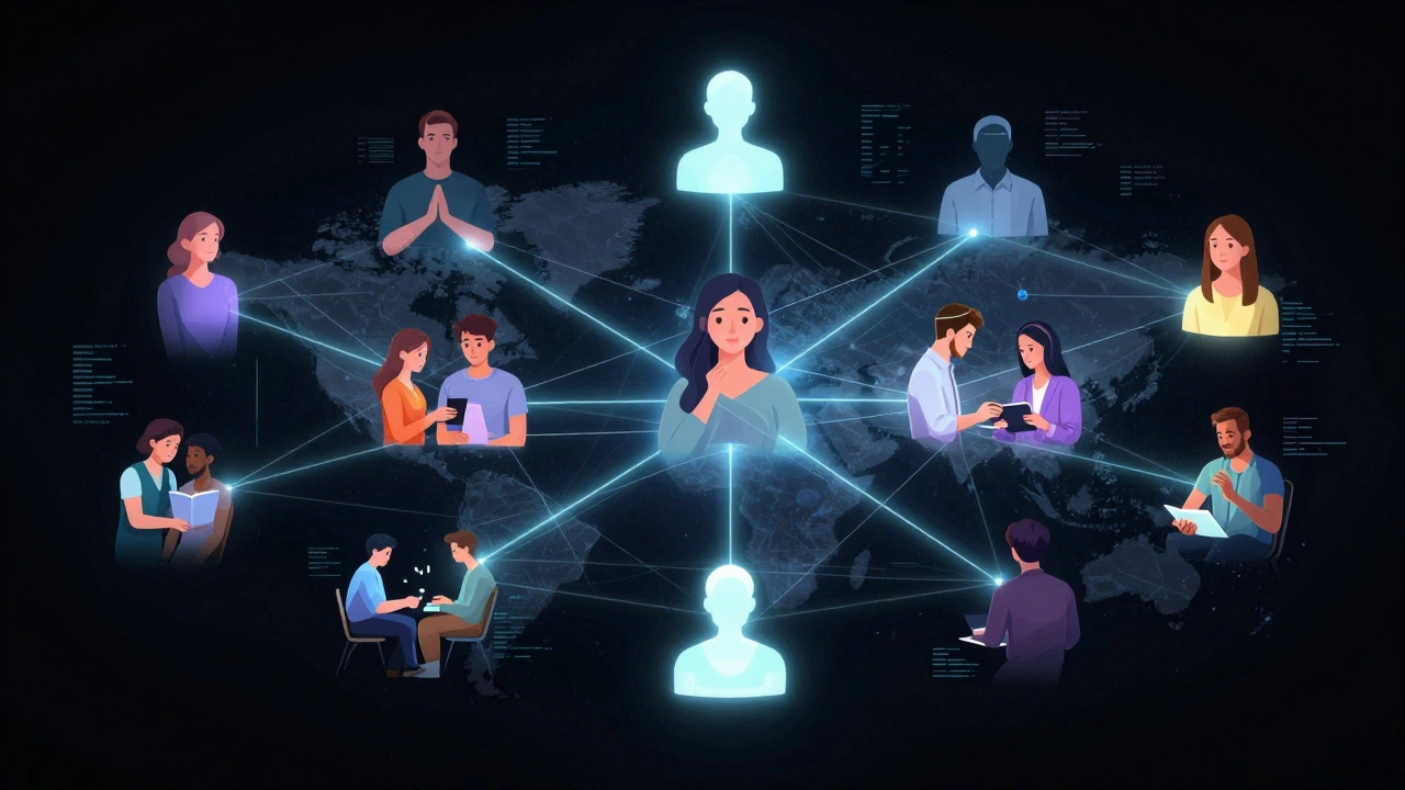 Abstract visualization of digital connections and virtual community interactions.