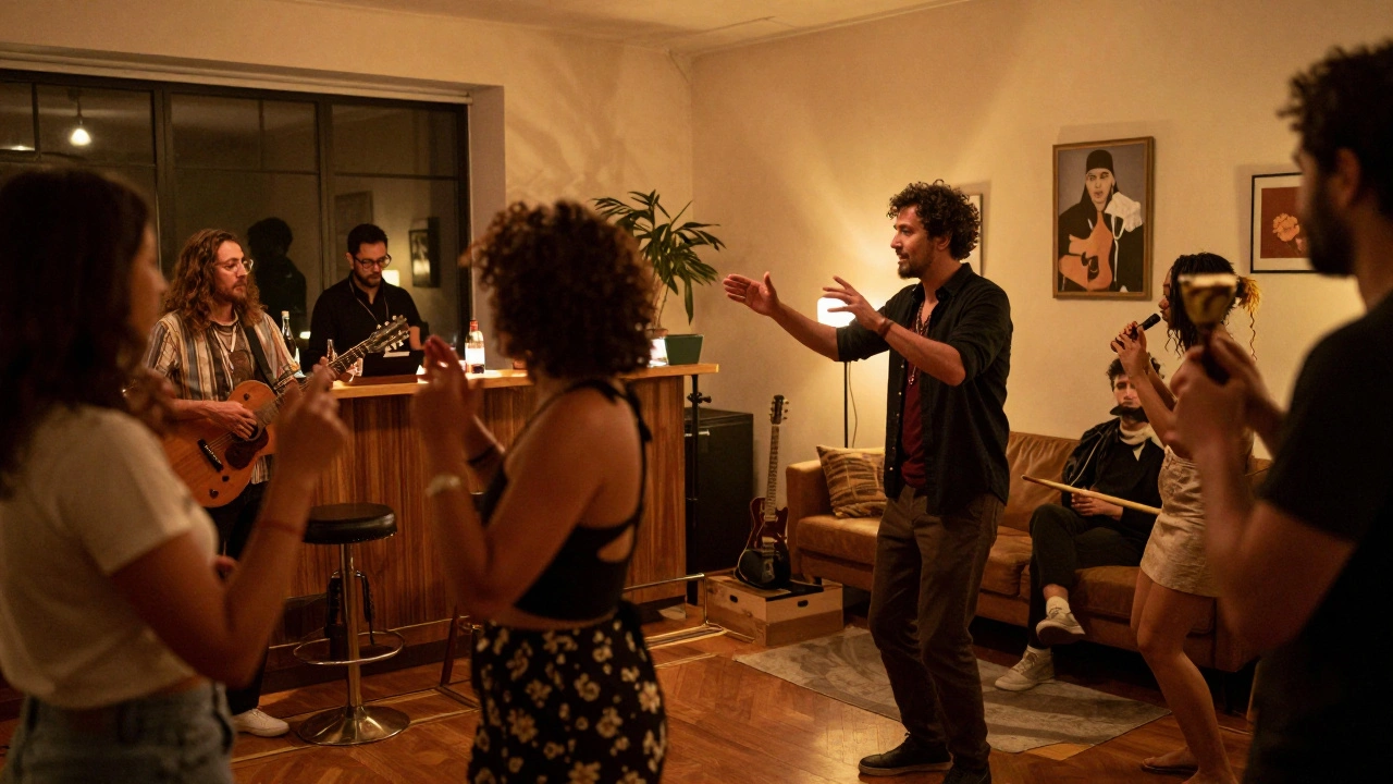 An artist hosting a social gathering where visitors dance and play music together.