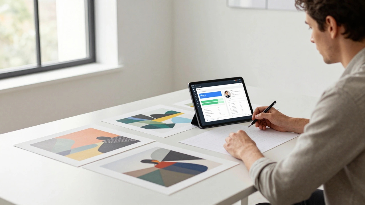 Art dealer analyzing CRM data and art prints on a modern desk