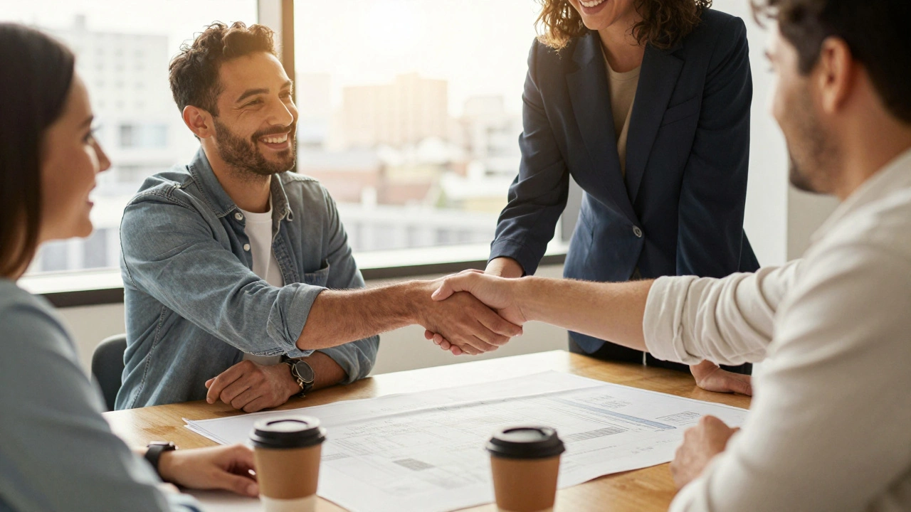 Artist and landlord shaking hands during a successful lease negotiation