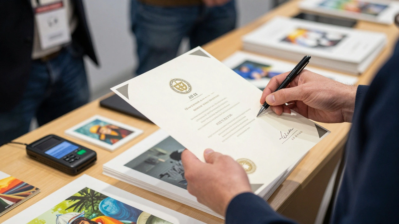 Artist handing signed certificate to collector at a booth
