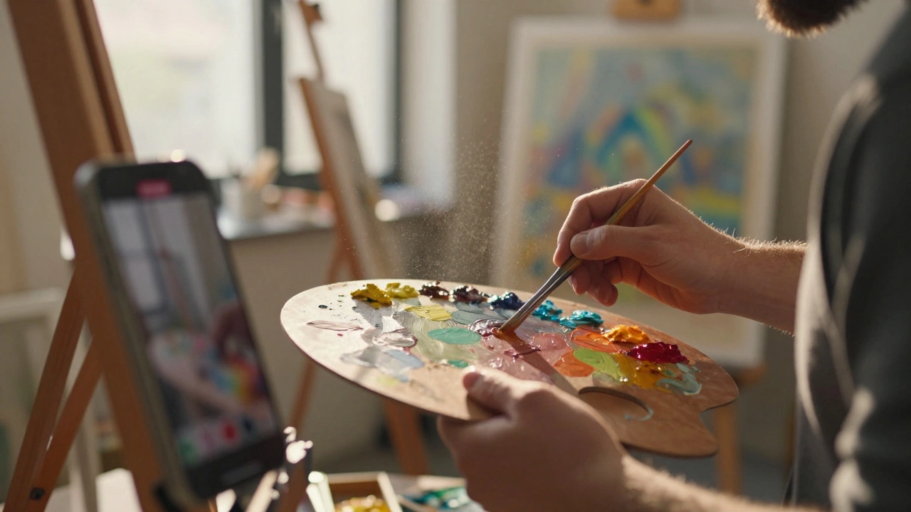 Artist mixing paints while a phone records the creative process.