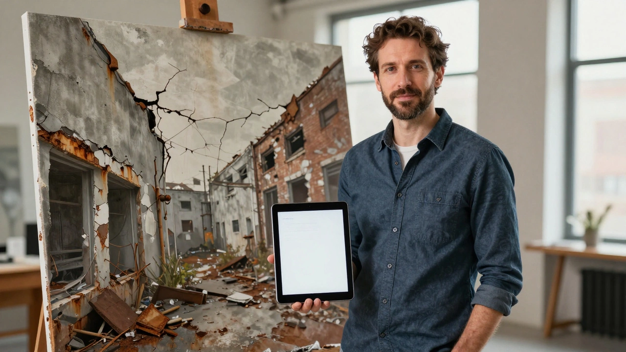 Artist standing by urban decay painting holding a tablet with a press kit layout